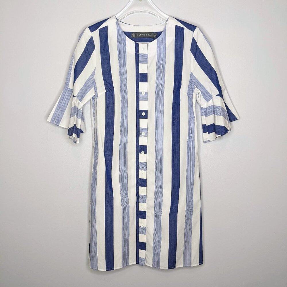 Alton Gray Blue and White Striped Flared Sleeve Cotton Shirt Dress Size 6